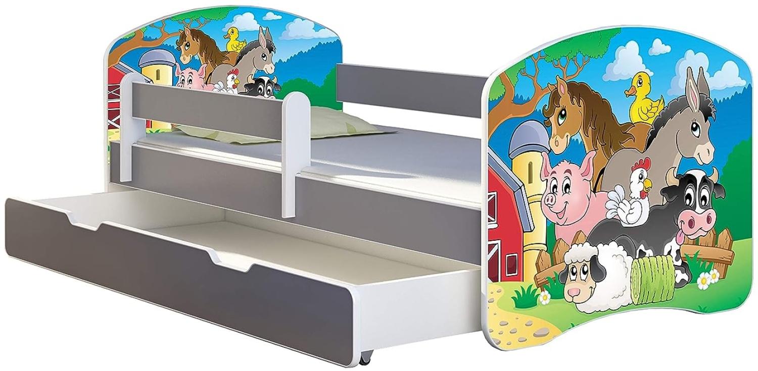 ACMA Kinderbett Jugendbett mit Einer Schublade und Matratze Grau mit Rausfallschutz Lattenrost II (34 Farm, 180x80 + Bettkasten) Bild 1