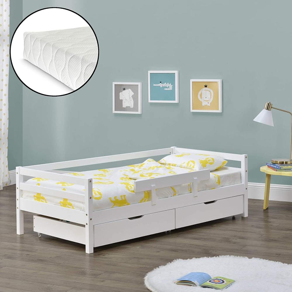 [en.casa] Kinderbett weiß, mit Matratze und 2 Bettkästen 90 x 200 cm Bild 1