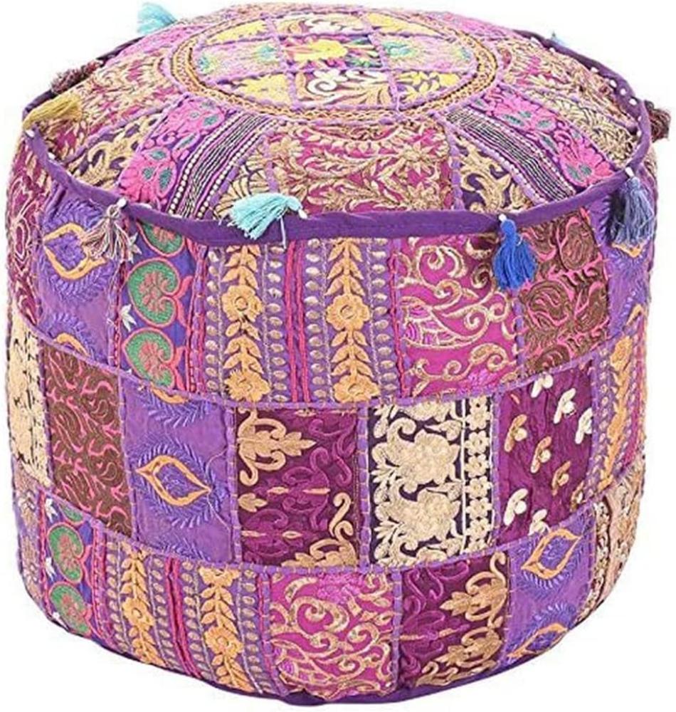 Aakriti Indian Pouf Fußhocker mit Stickerei Pouf, indische Baumwolle, Pouffe osmanischen Pouf Cover mit ethnischem Dekor Kunst - Cover (Purple, 46x33 cms) Bild 1