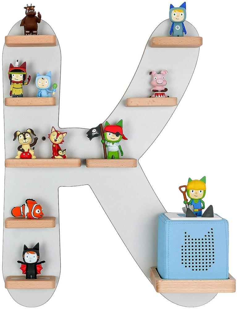 MR TEDDY BEAR Kinderregal Buchstabe K | Holzregal für Toniebox und Tonies | Tonie-Regal hergestellt in der EU | Wandregal zum Spielen und Sammeln | Für Mädchen und Jungen | im K Design in Grau Bild 1