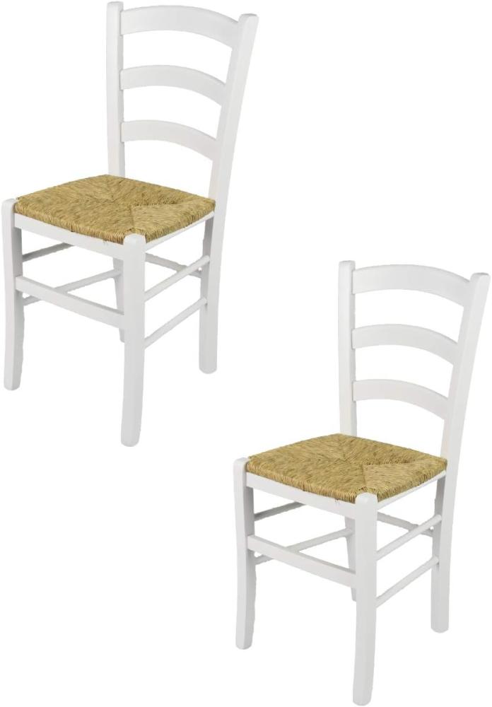 Tommychairs - 2er Set Stühle VENEZIA für Küche und Esszimmer, Robuste Struktur aus lackiertem Buchenholz im Farbton Weiss (deckend) und Sitzfläche aus Stroh Bild 1