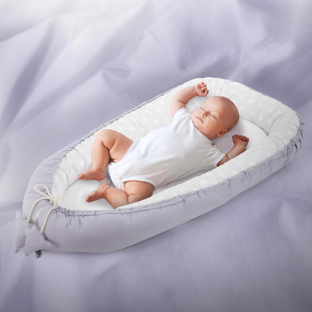 Joyz Babynest, Elefant, Hellgrau, 90x50 cm, Baumwolle, zweiseitig, antiallergisch, tragbar, Multifunktionale Babynestchen, Kokon Babys & Säuglinge, Baby Nest Babybett Neugeborene Kuschelnest Reisebett Bild 1