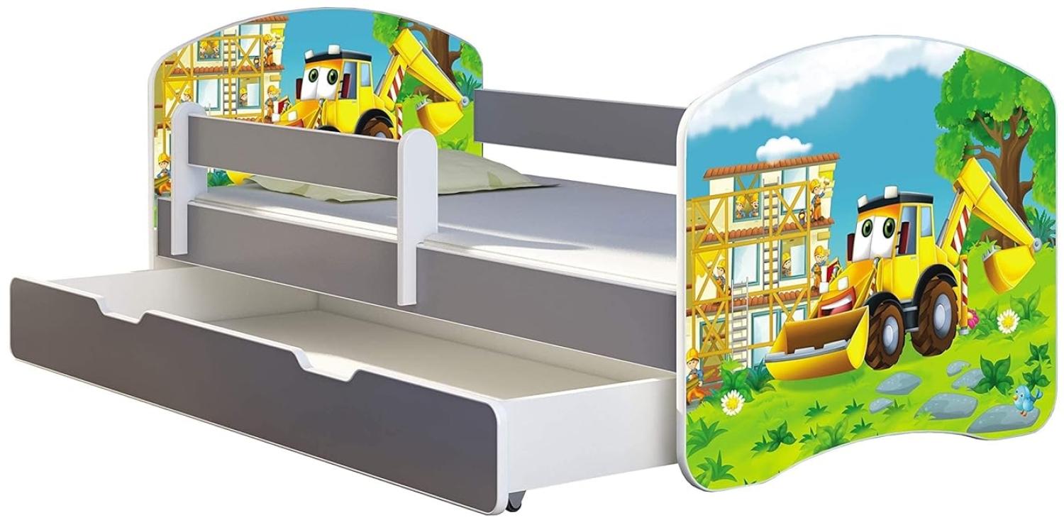 ACMA Kinderbett Jugendbett mit Einer Schublade und Matratze Grau mit Rausfallschutz Lattenrost II (20 Bagger, 180x80 + Bettkasten) Bild 1