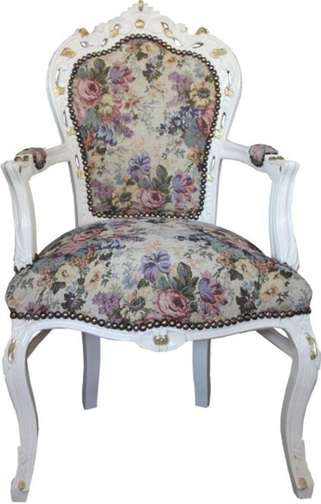 Casa Padrino Barock Esszimmer Stuhl mit Armlehnen Blumen Muster / Creme / Gold - Limited Edition Bild 1