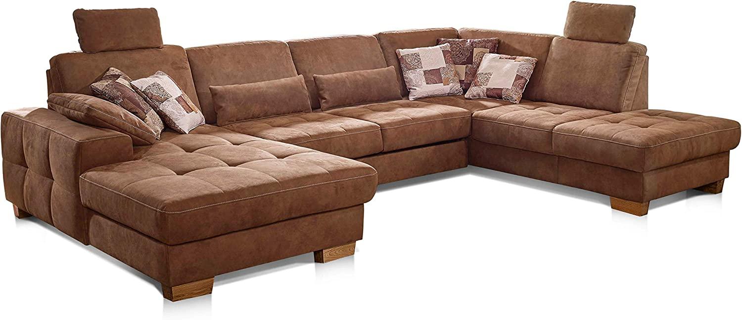 CAVADORE Wohnlandschaft Puccino mit Federkern, Sitztiefenverstellung und 2 Kopfstützen / Sofa in U-Form im Landhausstil / 340 x 86 x 224 cm / Mikrofaser hellbraun Bild 1