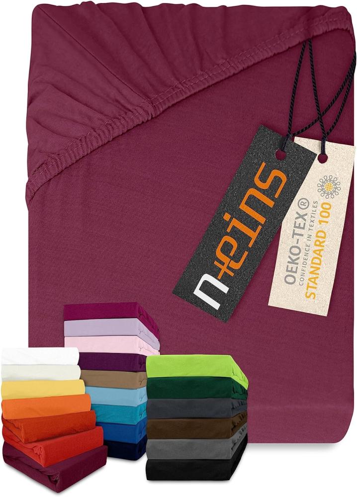 npluseins klassisches Jersey Spannbetttuch - vielen Farben + Größen - 100% Baumwolle 159. 192, 200 x 220 cm, Pflaume Bild 1