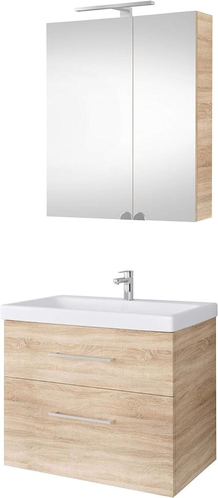 Planetmöbel Waschtischunterschrank 64cm mit Spiegelschrank Badmöbel Set für Badezimmer Gäste WC Sonoma Eiche Bild 1