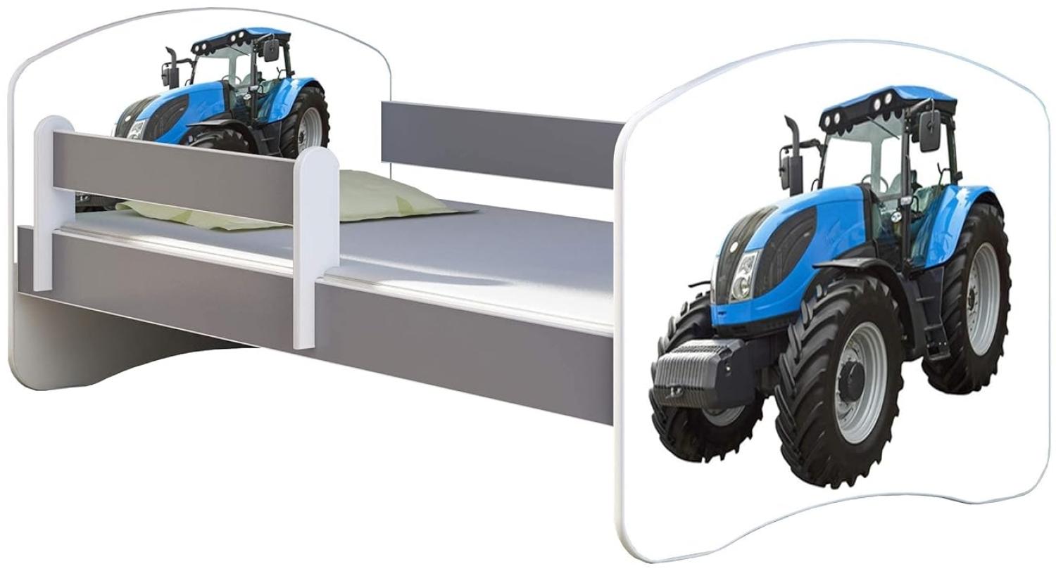 ACMA Kinderbett Jugendbett mit Einer Schublade und Matratze Grau mit Rausfallschutz Lattenrost II (42 Traktor, 160x80) Bild 1