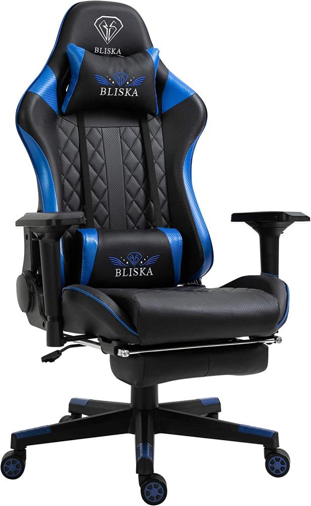 Trisens Gaming Stuhl mit Fußstütze und ergonomsichen 4D-Armlehnen - Gaming Chair in Sportsitz Optik - Gamer Stuhl mit verstellbaren Rückenstützkissen für gesündere Sitzhaltung, Farbe:Schwarz/Blau Bild 1