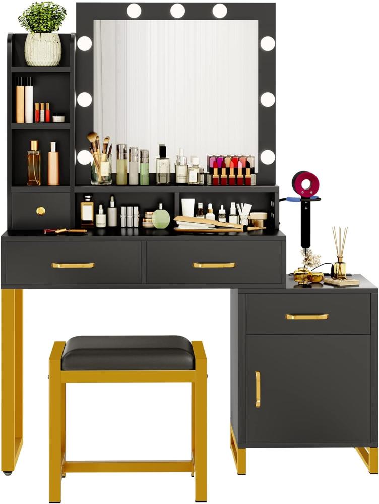 YITAHOME Schminktisch mit Spiegel, Kosmetiktisch mit Schubladen, Beleuchtung, Steckdose, Schwarz (Make Up Tisch, Frisiertisch, Kosmetiktisch, Vanity Table) Bild 1