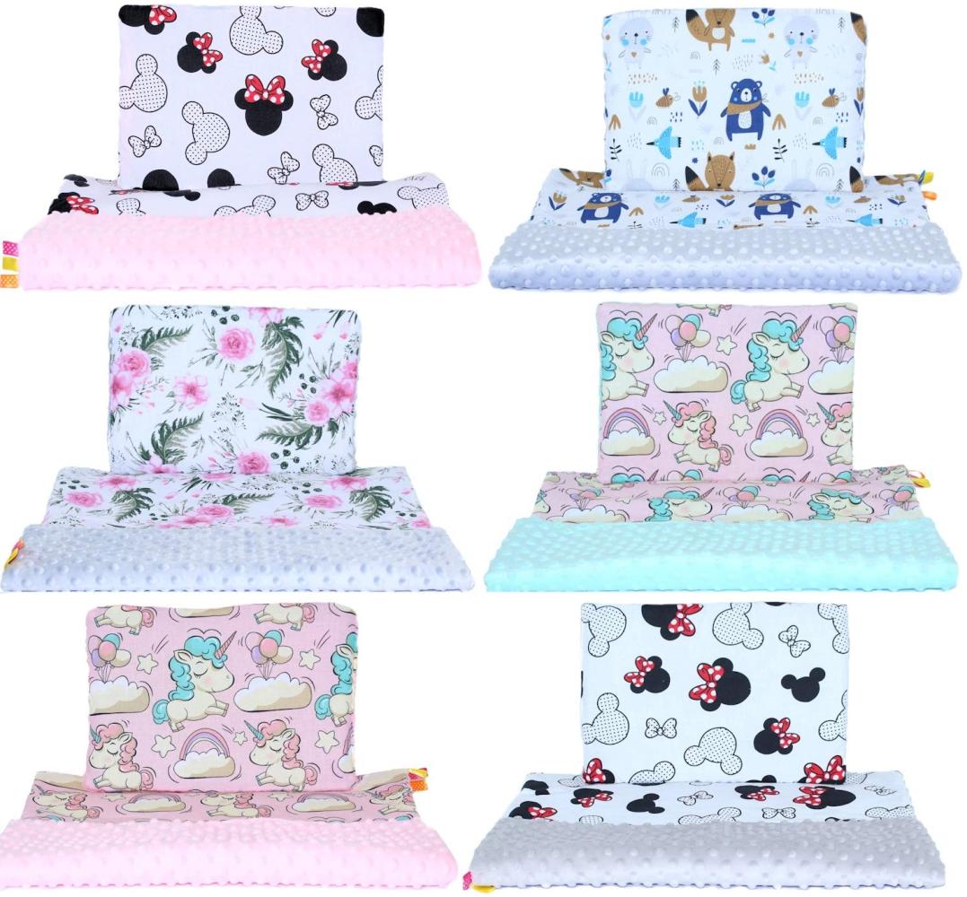 Minky Kinderwagenset -Maus Flowers Wald Einhorn - Baby Kuscheldecke Kinder Decke Kissen (Mäuschen + ROSA, 50x70/25x35 cm) Bild 1