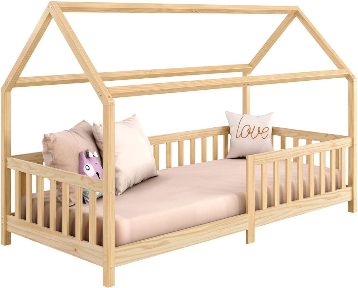 IDIMEX Hausbett NINA aus massiver Kiefer, schönes Montessori Bett in 90 x 200, minimalistisches Kinderbett mit Dach Natur Bild 1