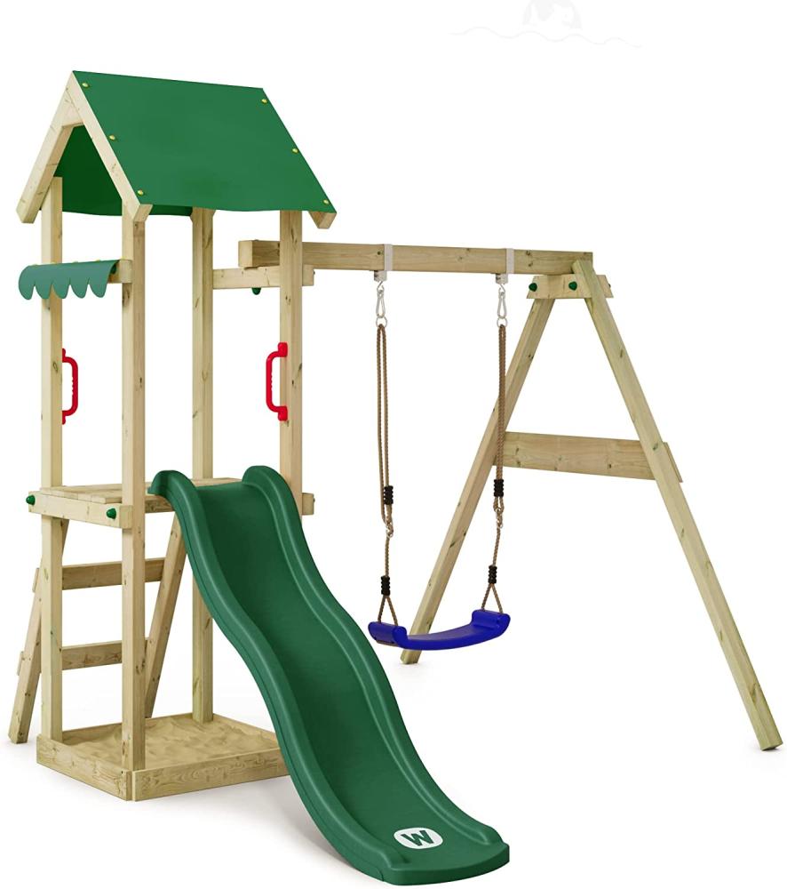 WICKEY Spielturm Klettergerüst TinyWave mit Schaukel & grüner Rutsche, Kletterturm mit Sandkasten, Leiter & Spiel-Zubehör Bild 1