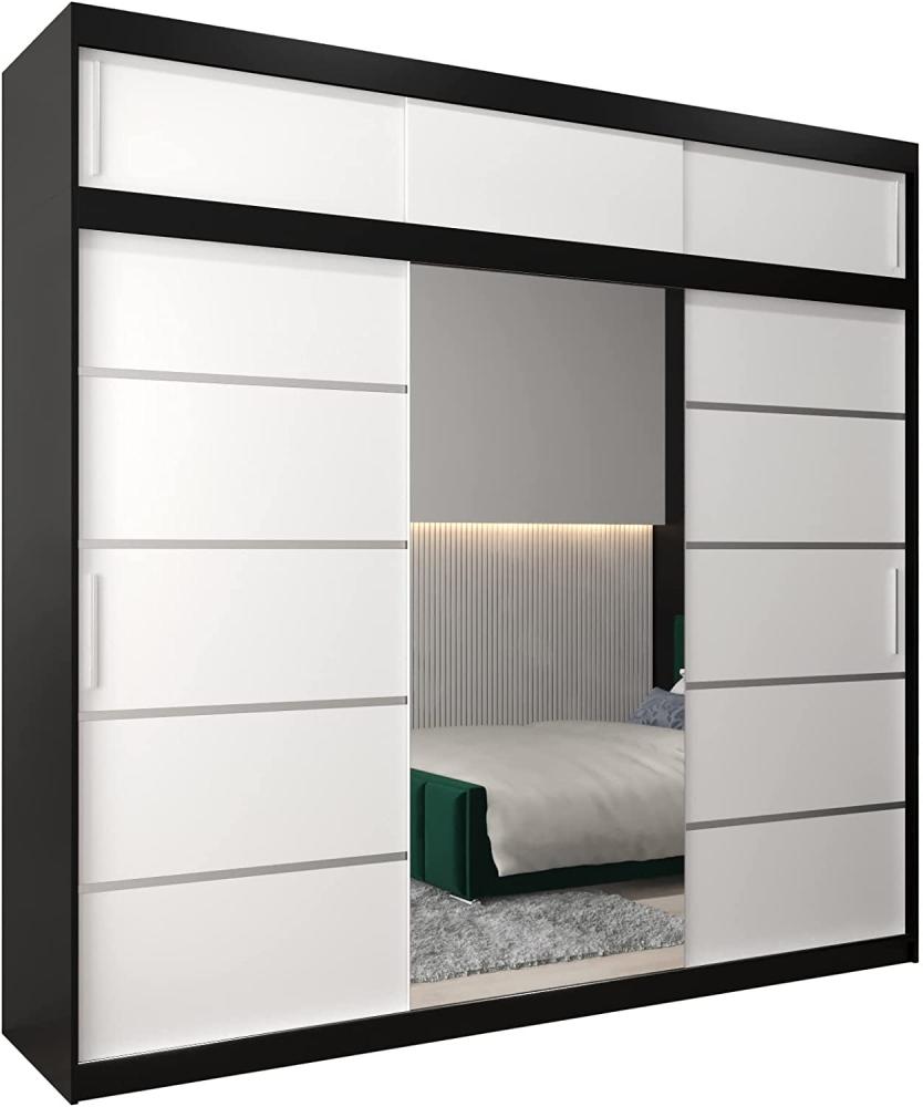 Kryspol Schwebetürenschrank Verona 2-250cm mit Spiegel Kleiderschrank mit Kleiderstange und Einlegeboden Schlafzimmer- Wohnzimmerschrank Schiebetüren Modern Design (Schwarz + Weiß mit Erweiterung) Bild 1