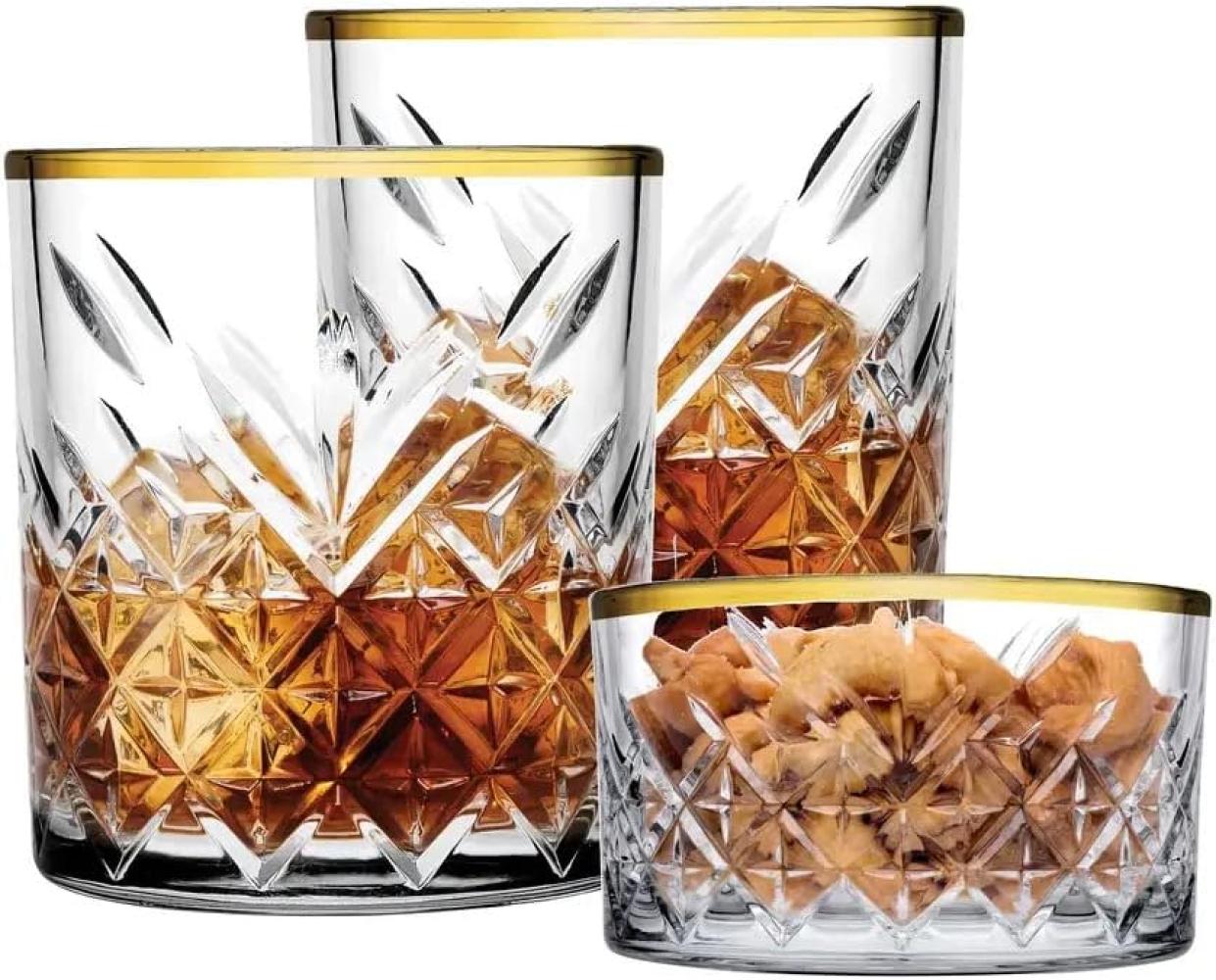 Pasabahce 96818 Timeless Golden Touch 3 teilig im Kristall-Design Retro Design - 2 Whisky Glas und 1 Kristall-Schale Bild 1