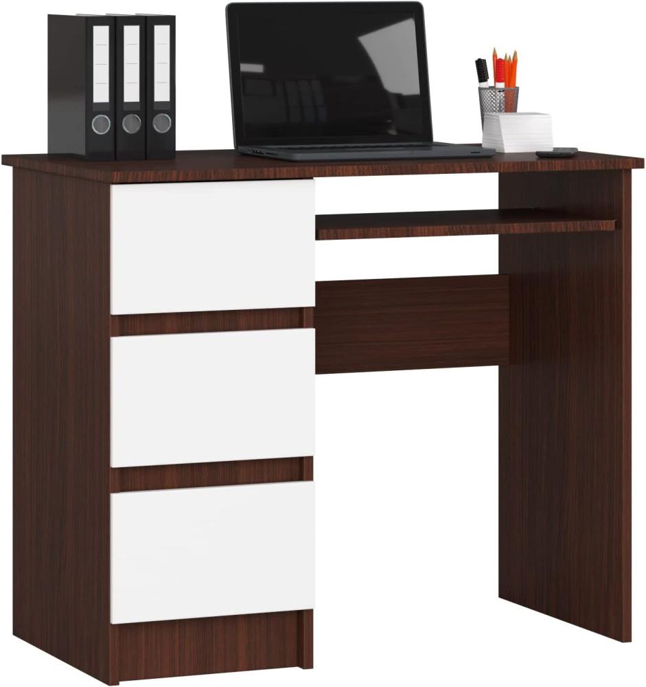 Schreibtisch A-6 mit Tastaturablage und 3 Schubladen Links- oder rechtsseitig | Office Desk | Computertisch | B90 x H77 x T50 cm 30 kg | Farbe Wenge/Weiß Bild 1