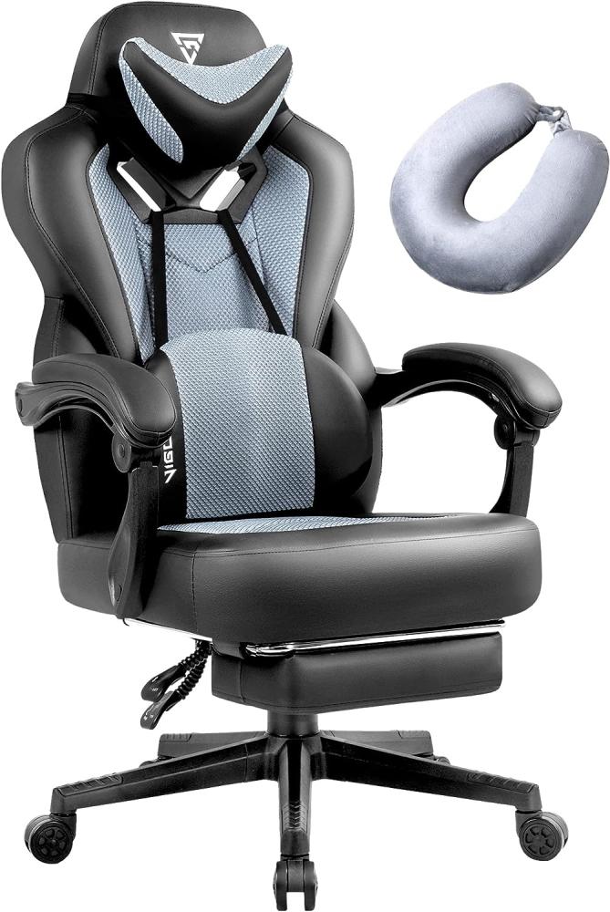 Vigosit Gaming Stuhl- Gamer Stuhl mit Fußstütze, Mesh PC Bürostuhl mit massagefunktion, Ergonomische Reclining Gamer Computer Stuhl 150 kg belastbarkeit, Groß und hoch Büro Gaming Sessel (Hellgrau) Bild 1