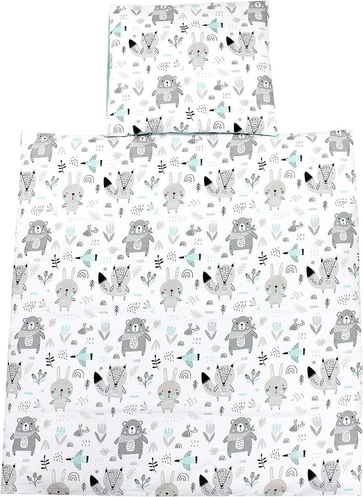 TupTam Unisex Baby Wiegenset 4-teilig Bettwäsche-Set: Bettdecke mit Bezug und Kopfkissen mit Bezug, Farbe: Bären/Füchse/Mint, Größe: 80x80 cm Bild 1