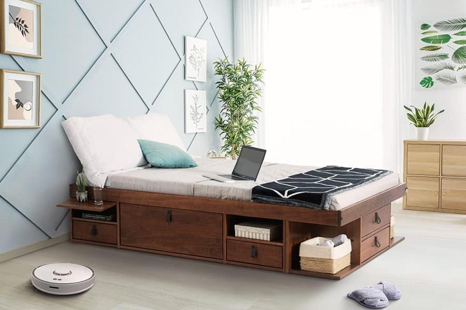 Funktionsbett Bali 140x200 Karamell - Schrankbett mit viel Stauraum und Schubladen, optimal für kleine Schlafzimmer - Bett mit Aufbewahrung aus Kiefer Massivholz – Schubladenbett inkl. Lattenrost Bild 1