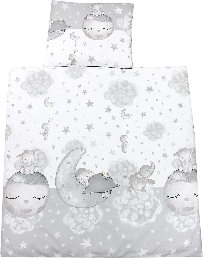 TupTam Unisex Baby Wiegenset 4-teilig Bettwäsche-Set: Bettdecke mit Bezug und Kopfkissen mit Bezug, Farbe: Mond mit Elefant/Grau, Größe: 80x80 cm Bild 1