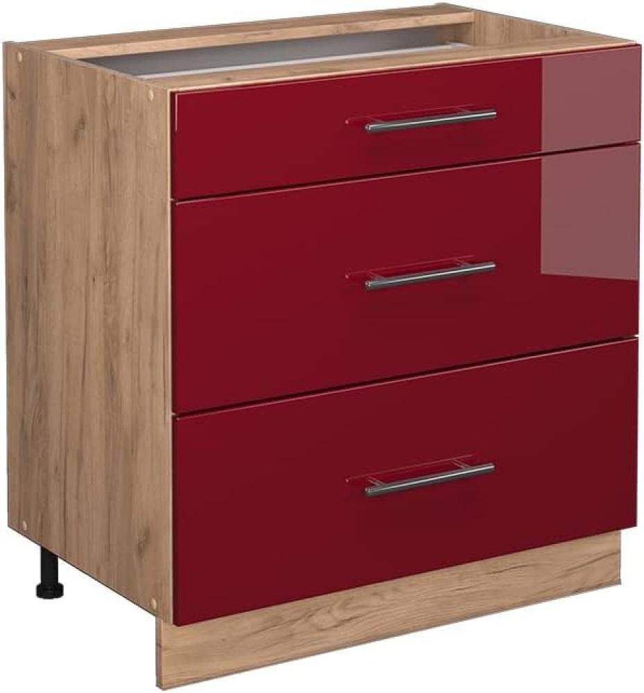 Vicco Küchenschrank Küchenmöbel Fame-Line modern Küche Einbauküche Küchenzeile Blende Unterschrank Hochschrank Hängeschrank (Eiche-Bordeaux-Rot Hochglanz, Schubladenunterschrank 80 cm) Bild 1