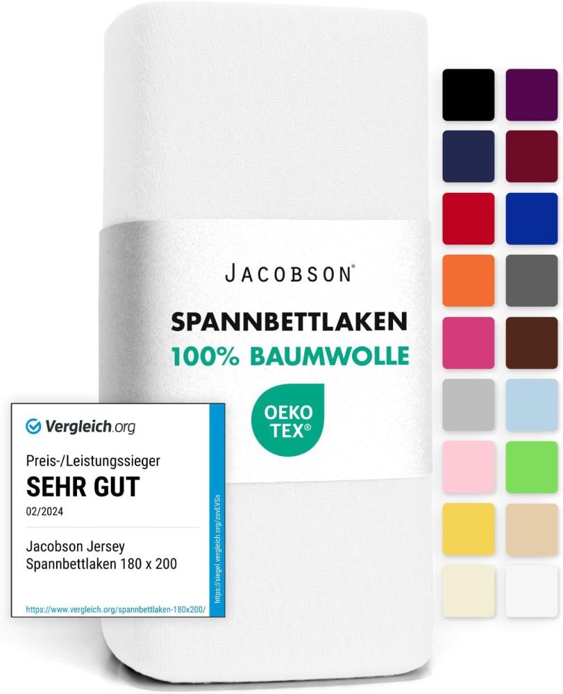 Jacobson Jersey Spannbettlaken Spannbetttuch Baumwolle Bettlaken (120x200-130x200 cm, Weiss) Bild 1
