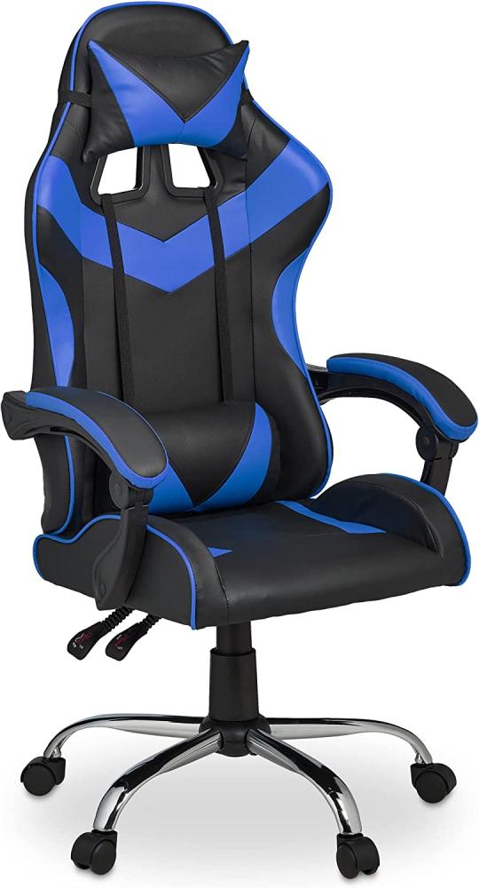 Relaxdays Gaming Stuhl, Racing Look, drehbar, höhenverstellbar, Kopf-& Lendenkissen, HxBxT: 133x68x60 cm, schwarz-blau Bild 1