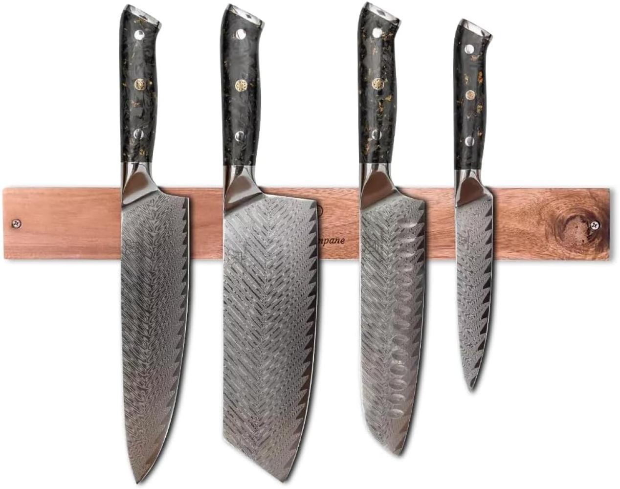 Kiiro Damast Messerset mit magnetischer Holzleiste - Küchenmesser Set 4-teilig aus 67 Lagen Damaststahl und mit Blattgold & Carbon im Griff Bild 1