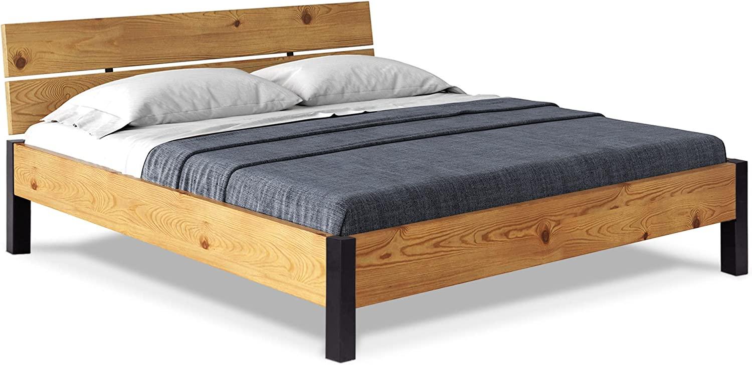 Möbel-Eins CURBY Bett Metallfuß, mit Kopfteil, Material Massivholz, rustikale Altholzoptik, Fichte natur 180 x 200 cm Bild 1