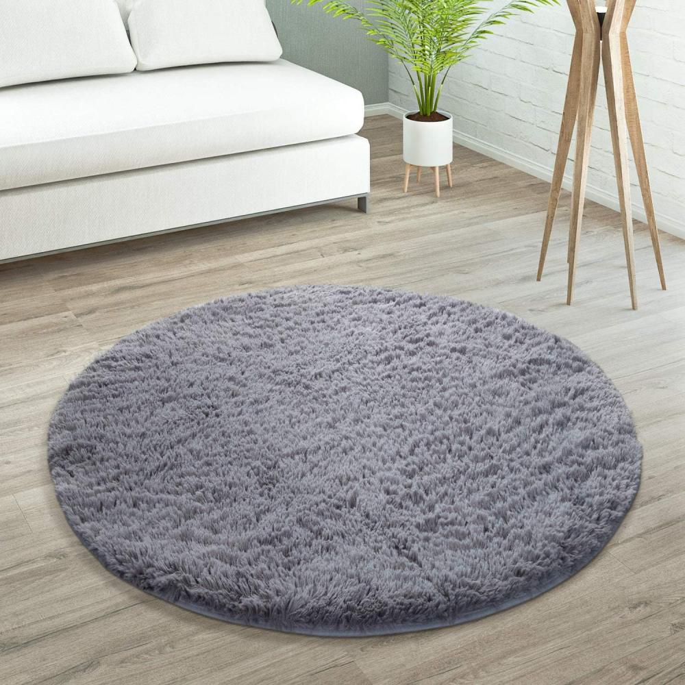 Paco Home Hochflor Teppich Wohnzimmer rutschfest Fellteppich Shaggy Flauschig Weich Modern Kunstfell Fell Imitat Einfarbig, Grösse:120 cm Rund, Farbe:Grau Bild 1