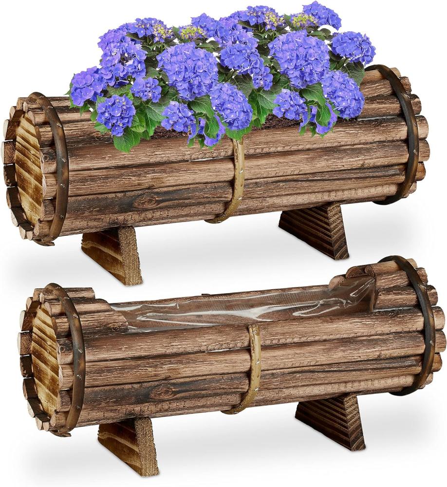 Relaxdays Blumenkasten Holz, 2er Set Pflanzkasten, HBT: 18 x 40 x 14 cm, draußen & drinnen, Pflanzfass mit Folie, braun, 10037609 Bild 1