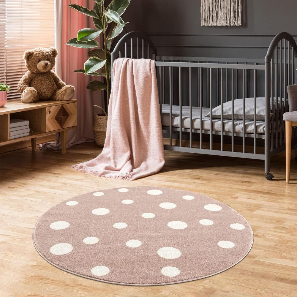 Jimri Kinderteppich DOTS l Pünktchen Gepunktet l Öko-Tex Siegel | Farbe: Beige Blau Rosa | Kinderzimmer/Jugendzimmer (Rosa, Ø 150 cm Rund) Bild 1