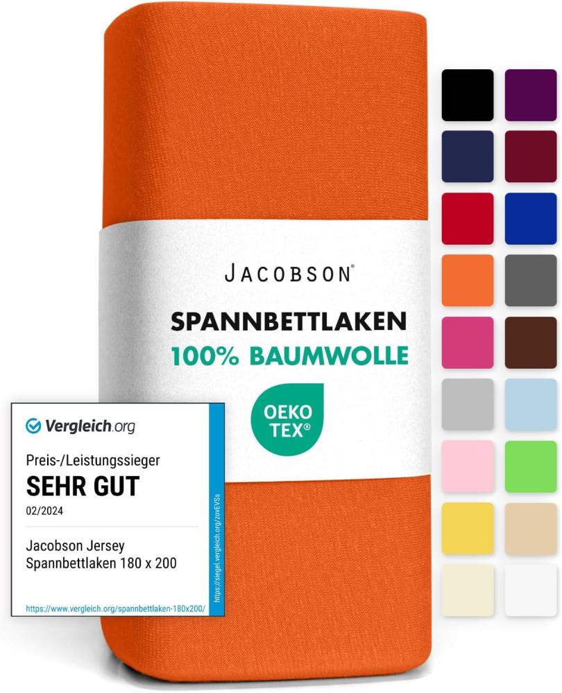 Jacobson Jersey Spannbettlaken Spannbetttuch Baumwolle Bettlaken (140x200-160x200 cm, Orange) Bild 1