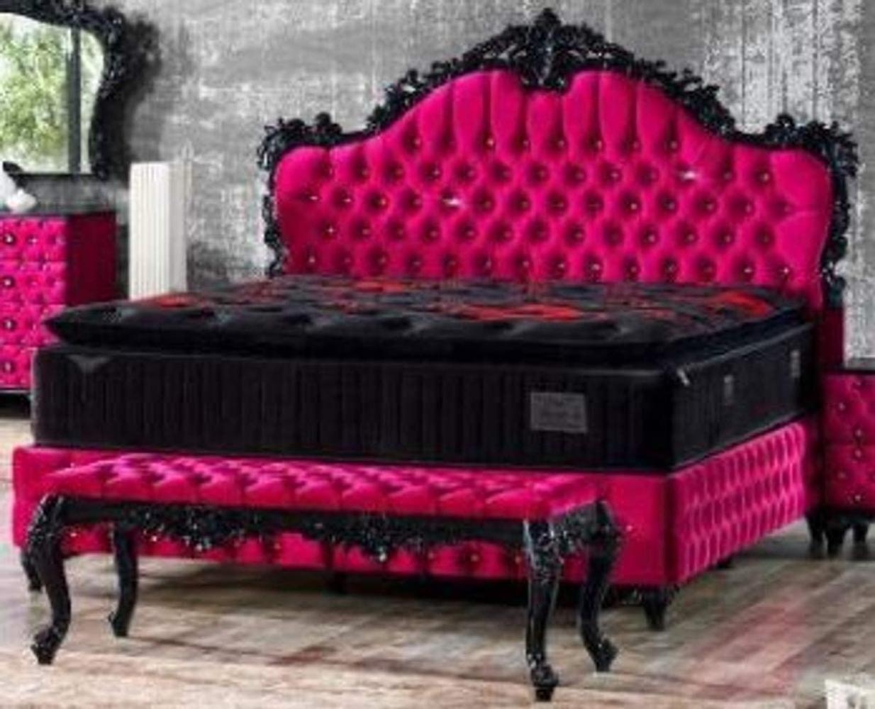 Casa Padrino Barock Doppelbett Pink / Schwarz - Prunkvolles Samt Bett mit Glitzersteinen und Matratze - Schlafzimmer Möbel im Barockstil Bild 1