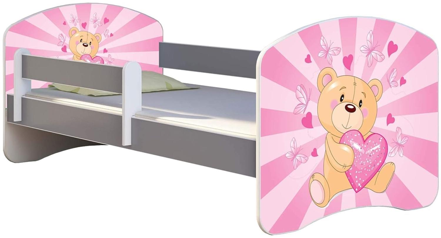 ACMA Kinderbett Jugendbett mit Einer Schublade und Matratze Grau mit Rausfallschutz Lattenrost II (10 Teddybär, 160x80) Bild 1