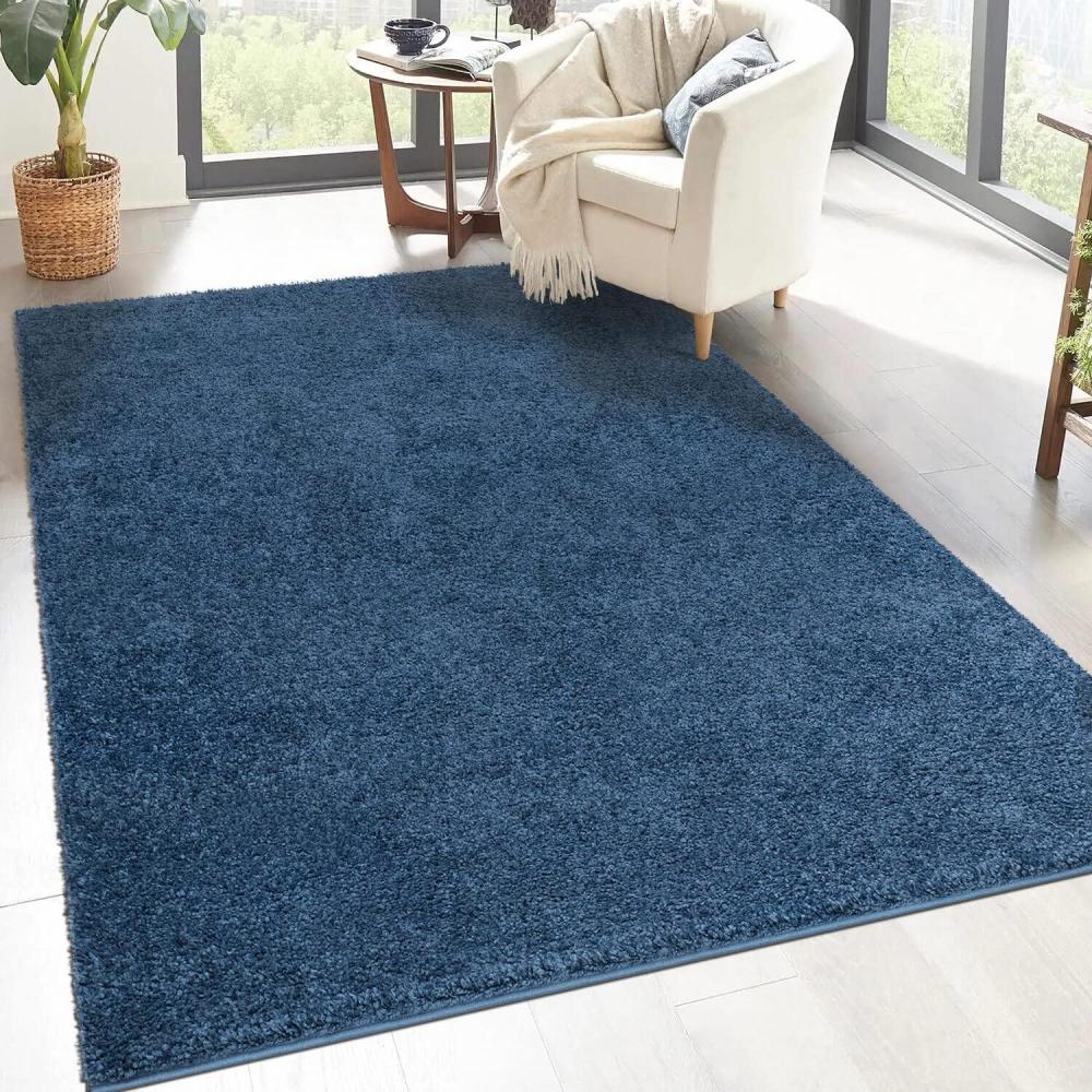 carpet city Shaggy Hochflor Teppich - 133x190 cm - Blau - Langflor Wohnzimmerteppich - Einfarbig Uni Modern - Flauschig-Weiche Teppiche Schlafzimmer Deko Bild 1