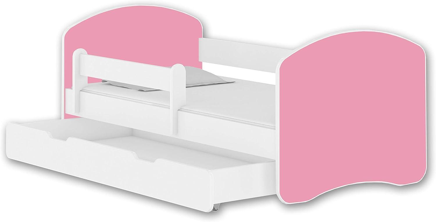 Jugendbett Kinderbett mit einer Schublade mit Rausfallschutz und Matratze Weiß ACMA II 140 160 180 (160x80 cm + Schublade, Weiß - Rosa) Bild 1