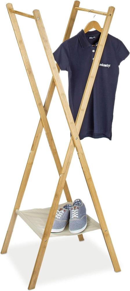 Relaxdays Kleiderständer aus Bambus HBT: 155,5 x 50 x 57,5 cm Garderobenständer mit praktischer Schuhablage platzsparend klappbar als Wäscheständer und Garderobe mit 2 Kleiderstangen aus Holz, natur Bild 1