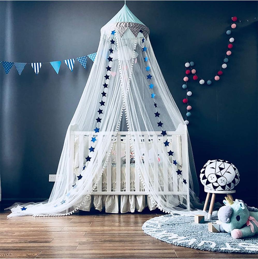 Baby Moskitonetz Betthimmel mit Sternen Wimpel Niedliche Hängezelte Netting Vorhänge Dekoration für Kinder Kinderzimmer Prinzessin Babybett, Blau Bild 1
