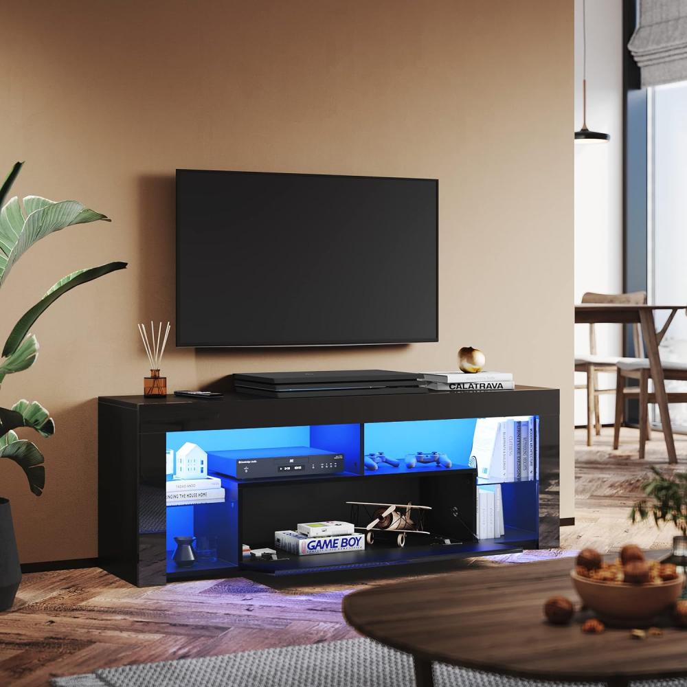 SUNXURY TV Lowboard Schwarz 140cm mit 12 Led Farben Beleuchtung TV Board Hängend Glasböden Hochglanz 140 x 35 x 50. 5 cm Bild 1