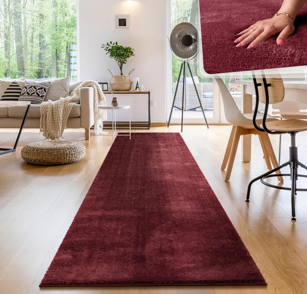 Paco Home Waschbarer Teppich Wohnzimmer Schlafzimmer Kurzflor rutschfest Flauschig Weich Moderne Einfarbige Muster, Grösse:80x300 cm, Farbe:Rot Bild 1