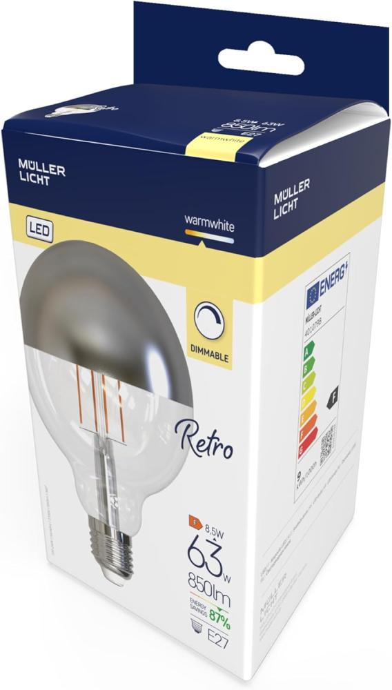 Müller-Licht Retro LED Globeform Filament E27 verspiegelt, 8. 5W ersetzt 63W, nostalgisches superwarmweißes Licht (2700K), 850lm, dimmbar, 1 Stück (1er Pack) Bild 1