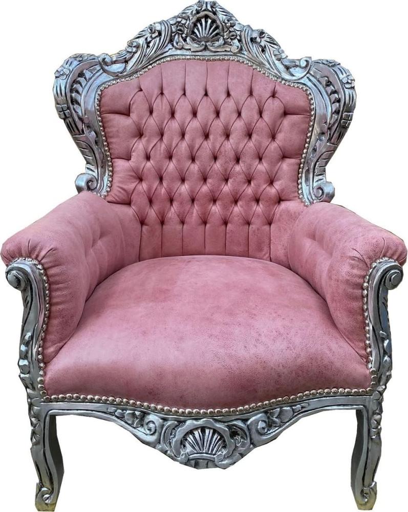 Casa Padrino Barock Sessel Rosa / Silber - Handgefertigter Massivholz Wohnzimmer Sessel mit Kunstleder - Antik Stil Wohnzimmer Sessel - Barock Wohnzimmer Möbel Bild 1