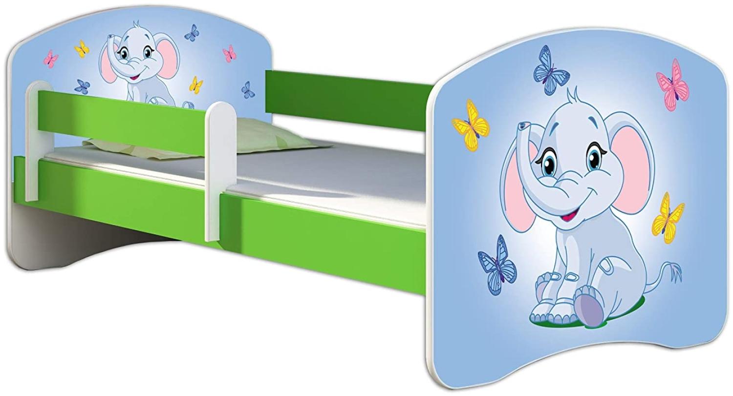 ACMA Kinderbett Jugendbett mit Einer Schublade und Matratze Grün mit Rausfallschutz Lattenrost II 140x70 160x80 180x80 (26 Elefant, 160x80) Bild 1