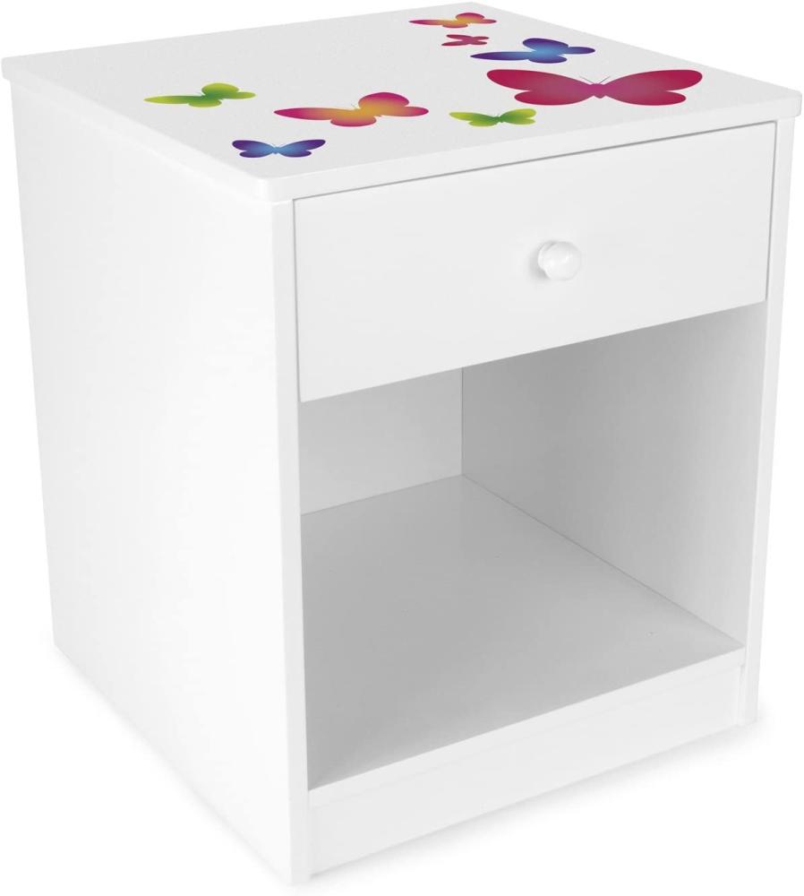 Weiß Nachttisch aus Holz - Schmetterlinge - Nachtschrank mit Schublade für Kinder Bild 1