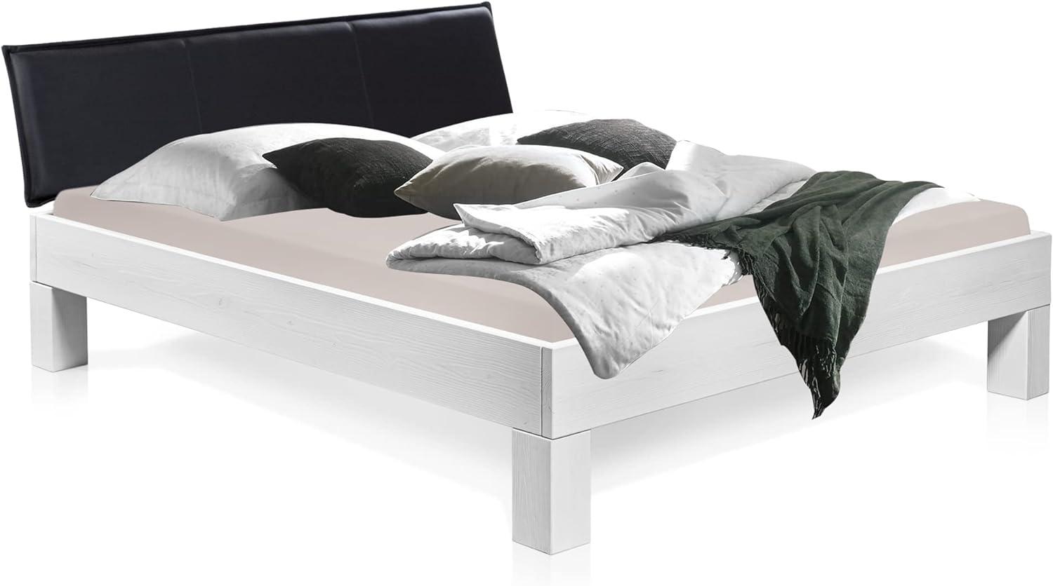 Möbel-Eins LUKY 4-Fuß-Bett mit Polster-Kopfteil, Material Massivholz, Fichte massiv weiss 140 x 220 cm Kunstleder Schwarz Bild 1