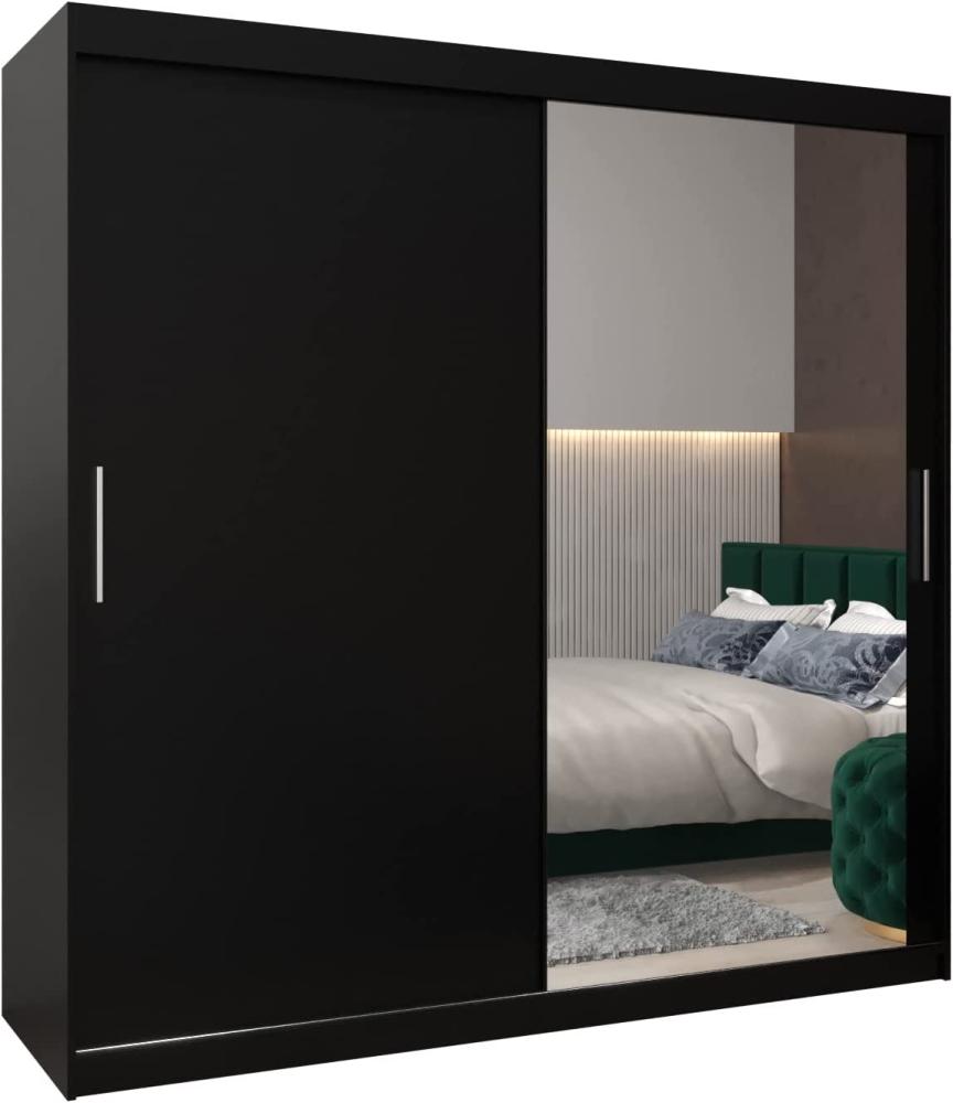 Schwebetürenschrank Tokyo 2-200 cm mit Spiegel Kleiderschrank mit Kleiderstange und Einlegeboden Schlafzimmer- Wohnzimmerschrank Schiebetüren Modern Design (Schwarz) Bild 1