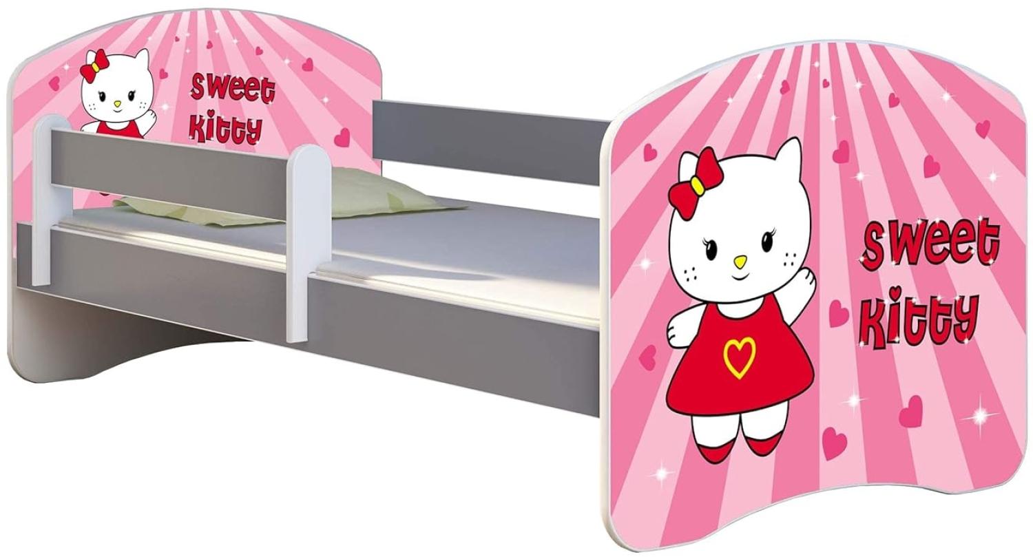 ACMA Kinderbett Jugendbett mit Einer Schublade und Matratze Grau mit Rausfallschutz Lattenrost II (15 Sweet Kitty, 180x80) Bild 1