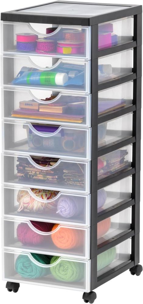 Iris Ohyama Kunststoff-Schubladenbox mit Rollen, 8 flachen Schubladen, Schwarz, Griffe zum Ziehen, Für Schlafzimmer, Schule & Büro, BPA-frei, Schubladenschrank, Rollcontainer, A4 Drawer, DDDC-380 Bild 1