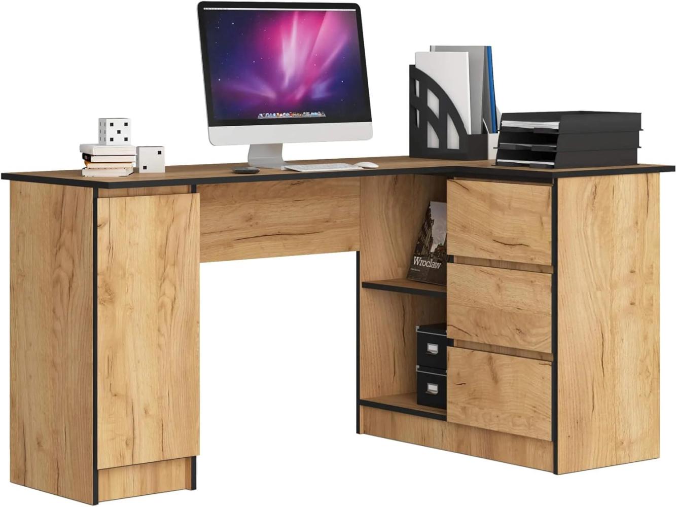 Eck-Schreibtisch B-20 mit 3 Schubladen, 2 Ablagen und einem Regalfach mit Tür Links- oder rechtsseitig, B155 x H77 x T85, 60 kg Bild 1